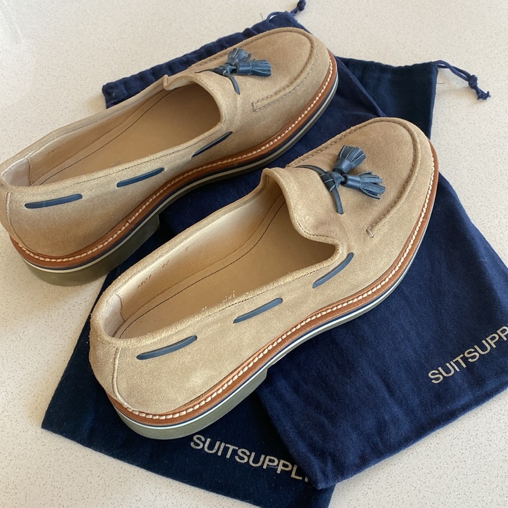 Suitsupply Tan Suede Loafers with Blue Accents